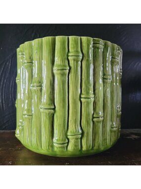 Vintage Green Ceramic Bamboo Planter Textured Faux Bamboo Design